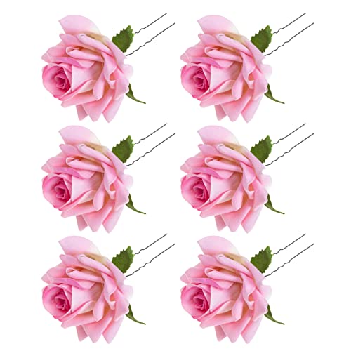 Lurrose 6pcs Rose Flower Hair Clip Pink Rose U-Shaped Hair Forks Bride Floral Bobby Pins for Women Wedding Party (Pink)