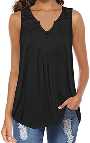 Womens Lace Pleated Tank Tops V-Neck Loose Sleeveless Tunic Shirts Black 2XL