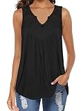 Womens Lace Pleated Tank Tops V-Neck Loose Sleeveless Tunic Shirts Black 2XL