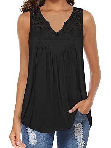Womens Lace Pleated Tank Tops V-Neck Loose Sleeveless Tunic Shirts Black 2Xl #TOP9