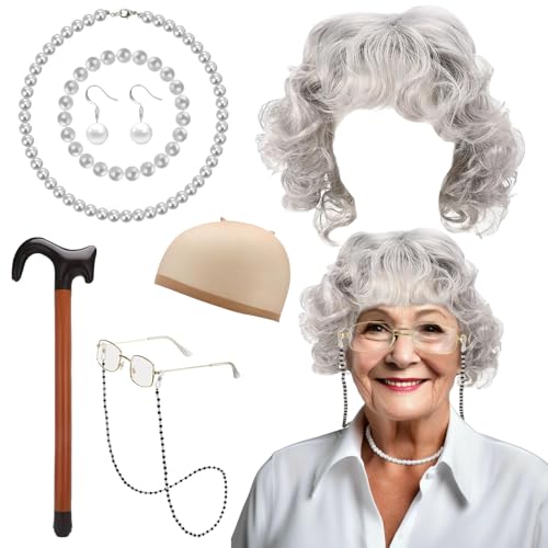 Glirop 8PCS Old Lady Costume Set Grandma Fancy Dress Kit with Grey Granny Wigs Hairnets Cane Necklaces Bracelets Earrings Glasses Eyeglass Chains Old Lady Accessories for Halloween World Booking Day