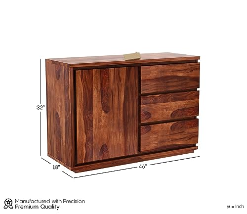 Image of SHIKHA WOOD CRAFT Solid Sheesham Wood Sideboard Cabinet with 3 Drawers and 1 Door Storage | Multipurpose Wooden Chest of Drawers Furniture for Bedroom, Home, Living Room, and Office (Natural Finish)