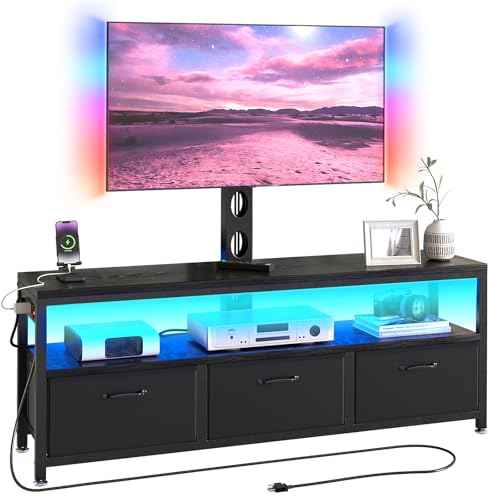 JUSTOGO TV Stand with Mount and Power Outlet TV Stand Mount with Storage for Living Room Entertainment Center with LED Lights for 45 55 60 65 inch Height Adjustable Media Console Black