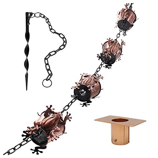 Tfro & Cile Frog Rain Chain Decorative Gutter Downspout Substitution Garden Iron Diverter with Adapter, Anchoring Stake - 8 1/2 FT Length