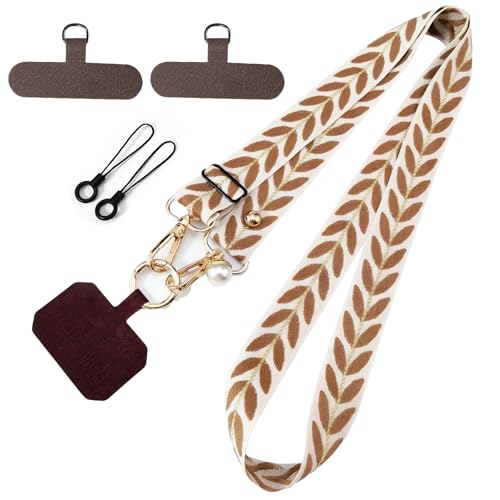 VEGCOO Feuilles et Perles Cordon Téléphone Portable Universelle, Transversale Lanière pour Téléphone, Tour de Cou Téléphone Universelle Cordon Collier Réglable, Mousqueton Doré Clip T Nylon (Marron)