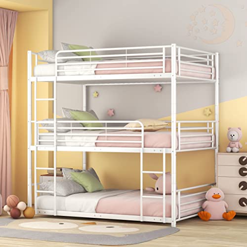 Emkk Full Size Triple Bunk Bed For Kids With Built-In Ladder,Full Size Metal Bunkbeds With Safety Guardrails,Can Be Separated Into 3 Twin-Size Beds,Noise Free For Dorm,Bedroom,Guest Room #TOP23