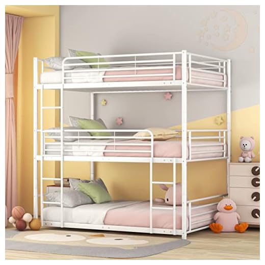 EMKK Full Size Triple Bunk Bed for Kids with Built-in Ladder,Full Size Metal Bunkbeds with Safety Guardrails,Can Be Separated Into 3 Twin-Size beds,Noise Free for Dorm,Bedroom,Guest Room