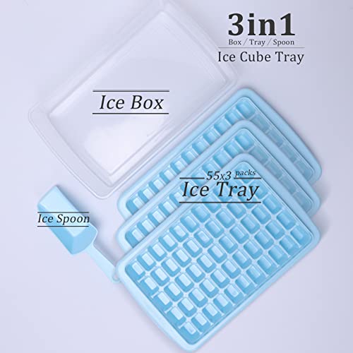 Sfl Ice Cube Tray With Lid And Bin,55X3 Pcs Silicone Ice Cube Molds,Ice Trays For Freezer,Easy Release & Save Space,(3 Pack Blue Ice Trays & 1*Ice Bin & 1*Ice Scoop). #TOP2