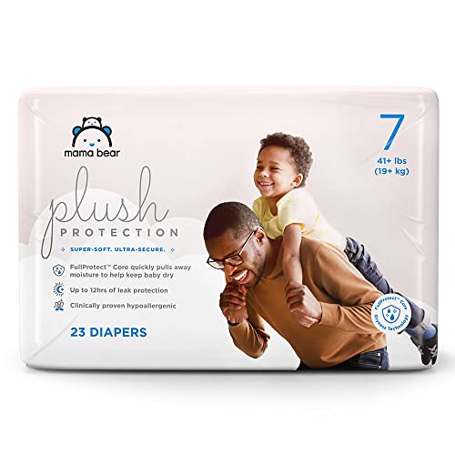 Amazon Brand - Mama Bear Plush Protection Diapers, Hypoallergenic, Size 7, 23 Count, White and Cloud Dreams