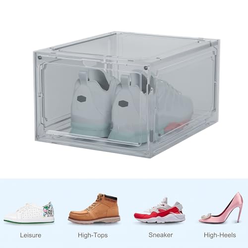 Image of Go Hooked Grey Shoe Box with Magnetic Front Door Stackable Sneaker Display Box & Organizer Pack of 1 - Acrylic Dustproof Shoe Storage Cabinet Transparent Shoe Rack & Sneaker Crate for Home or Display