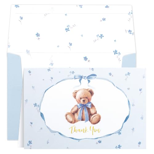 Cartes de remerciement baby shower bleues Crisky avec enveloppes autocollants lot de 50