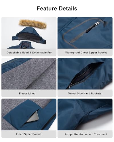 Image of Pursky Men's Waterproof Ski Jacket Winter Snow Coats Fur Hooded Raincoats Parka