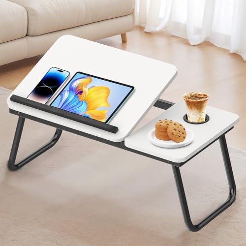 Huracan Table d'ordinateur Portable pour Le lit, Plateau de lit avec Bandes antidérapantes, Table Lits Pliable, 5 Niveaux d'inclinaison, Support d'ordinateur Portable pour canapé, Blanc Chaud