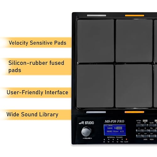 Image of M Studio MSP20 Pro Professional Electronic Drum Pad, 8 Velocity-Sensitive Pads, LCD Display, MIDI Controller for Live & Studio Use - Black