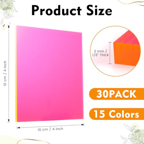 Image of Geetery 30 Pcs Colored Acrylic Sheets, 4 x 4 x 1 /8 Inch Thick Translucent Cast Acrylic Sheet,Plastic Boards for Back to School DIY Project Picture Frame,Art Crafts Laser Cutting Engraving, 15 Colors