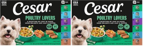 Image of Cesar Classic Loaf in Sauce Adult Wet Dog Food Poultry Lovers Variety Pack with Real Chicken,Turkey or Duck,3.5 oz Easy Peel Trays,36 Count (Pack of 2)