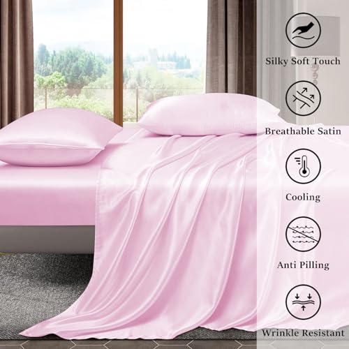 Image of Homestan Satin Bedsheet for King Size Bed with 2 Pillow Covers, Modern Bed Sheet for Romantic Nights(100x108 inches, Baby Pink)