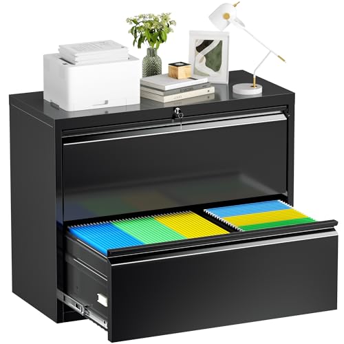 Crownland 2 Drawer File Cabinet with Lock, 36\" W Metal Office Lateral File Cabinet with 2 Drawers for Home Office, Lockable File Cabinet for Legal/Letter/A4/F4 Size(Blcak)