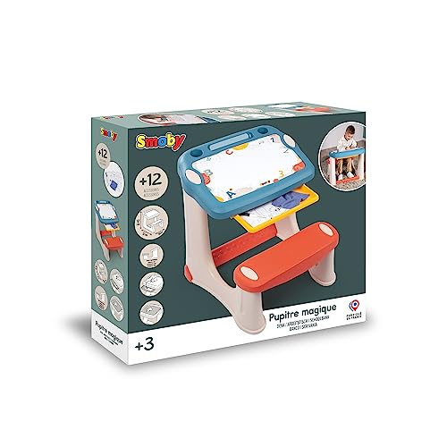 Smoby - Pupitre Magique - Bureau pour Enfant - Feutre Effaçable - 3 Rangements + Tiroir à Glissières - 12 Accessoires Inclus - A Partir de 2 Ans - Fabrication Française