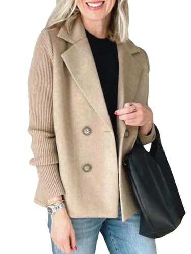 utcoco Women Cropped Wool Coats Notched Lapel Pea Coat Short Jacket Button Down Crop Blazer Jackets with Pockets