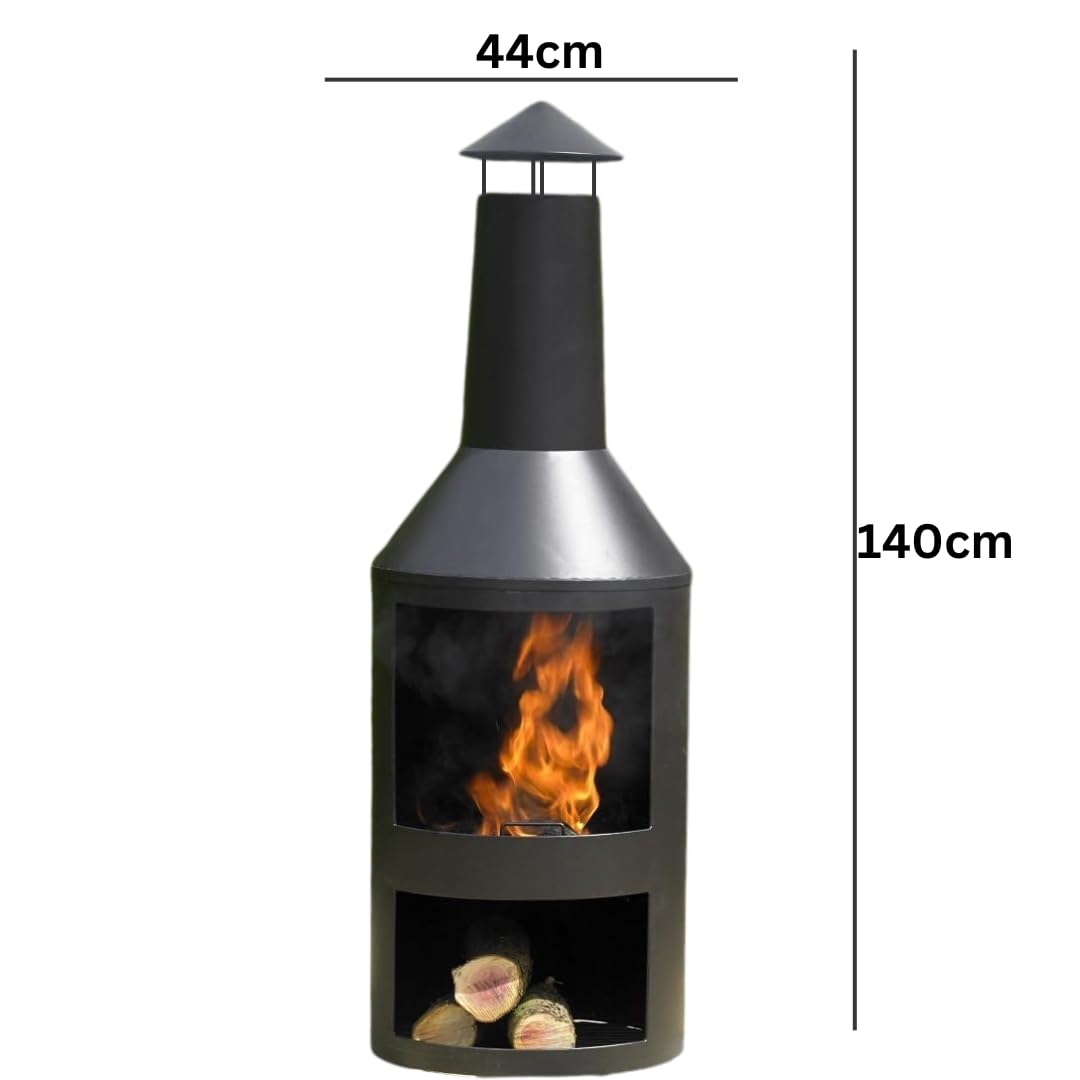 Garden Mile Grande braciere da esterno alto 140 cm, con contenitore per legna – moderno camino rotondo nero per giardino, patio, spazio esterno, compatibile con legno