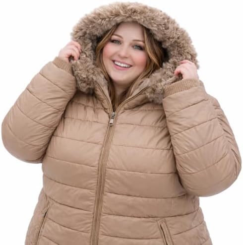 Jaqueta Puffer Plus Size Feminina Forrada com Pelinho Capuz de Pe...