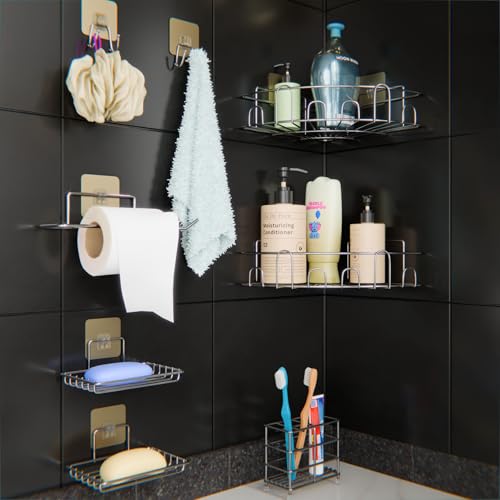Image of 8 Pcs Bathroom Organiser Without Drill | Self Adhesive Wall Shelf Organizer & Soap Stand for Kitchen Bathroom | Toothbrush & Shampoo Holder R Corner Shelf (Silver)