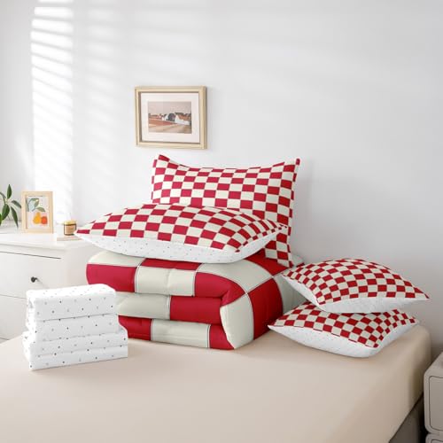 Image of Erosebridal Plaid Queen Comforter Set 7 Piece Beige Red Checkerboard Bed in A Bag with Sheets Geometric Checkered Bedding Set for Kids Boys Girls,Aesthetic Grid Bed Set