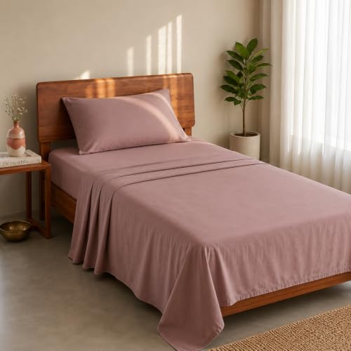 Image of LANE LINEN 100% Organic Cotton Bedsheet for Single Bed - Lilac | GOTS Certified, Percale Weave, 60x90 inches, Soft & Breathable, Machine Washable, Includes 1 Pillow Cover