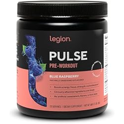 Legion Pulse Pre-Workout, 350mg Caffeine, Nitric Oxide, Blue Raspberry | 8g citrulline malate, 3.6g beta-alanine, 300mg alpha-GPC per serving. Third-party lab tested. No sugar, no artificial dyes.