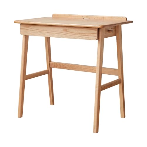 YESWOOD Bureau en Chêne Massif avec Tiroir, Petit Bureau pour Chambre, Bureau à Domicile, Salon, Passage de Câbles & Crochet Latéral, 80 x 48 x 78 cm, Chêne Naturel