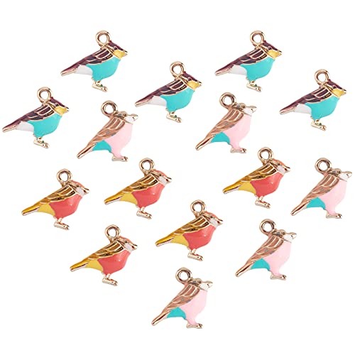 SUNNYCLUE 1 BOX 15Pcs 3 Colors Bird Charms Sparrow Shape 3D Animal Alloy Enamel Dangle Lucky Pendants Gold Plated for Jewelry Making DIY Necklace Bracelet Earring Supplies Accessories