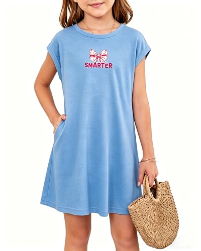 PopReal Girls Cute Sleeve T-Shirt Dresses Casual Crewneck Basic Spring Summer Dress Teen with Pockets Blue-13-14 Years