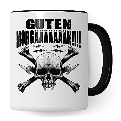 Taza divertida de metal Heavy Rocker Taza de café Metal Fan Idea de regalo Taza de café Metalic Rocker Regalo con frase divertida Humor Taza de té Witz Buenos Mañanas!! (blanco/negro)