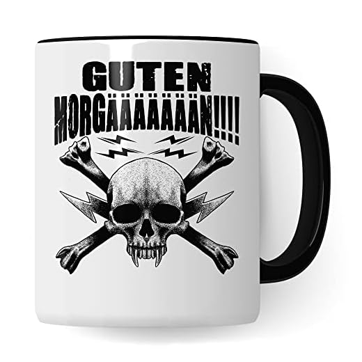 Taza divertida de metal Heavy Rocker Taza de café Metal Fan Idea de regalo Taza de café Metalic Rocker Regalo con frase divertida Humor Taza de té Witz Buenos Mañanas!! (blanco/negro)