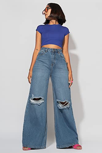 Image of FREAKINS Womens Cotton High Waist Distressed Wide Flare Jeans Regular
