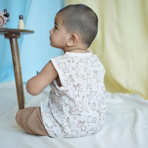 Image of The Boo Boo Club Muslin Jhabla and Short Set GOTS Certified Organic Cotton | Short Sleeve Snap Button Vest | Summer Wear Set | Printed Jhabla with shorts