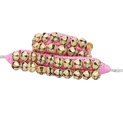 Dancing Bells Ghungroo Pair Indian Classical Dance Accessories Ghungroo with Colored Cushion Pad Best Dance Metal Brass Anklets Bells Ghunghroo Pad (Pink, Double Line)