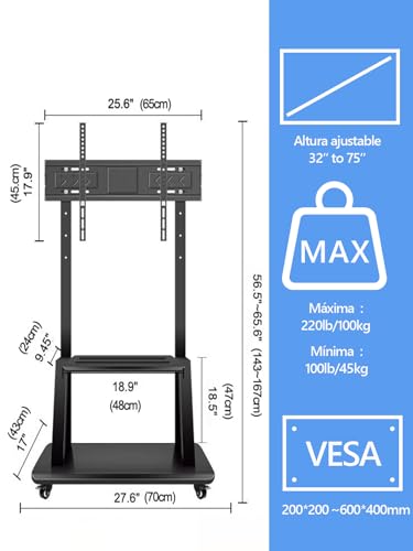 Miniatura 6 de Hellsehen - Soporte Para Tv Móvil, Carrito De Tv Con Ruedas Regulable En Altura, Soporte De Suelo Resistente Para Pantallas Planas Lcd Led Oled De 32 A 190,5 Cm, Pizarra Inteligente Móvil, Capacidad