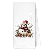 LRWHDFW Vintage Christmas Santa Snowman Kitchen Towels, Farmhouse Xmas Festival Decorative Hand Tea Towels for Bathroom, Winter Xmas Snowman Pine Cone Dish Towel Drying Cloth, 16x24 Inches