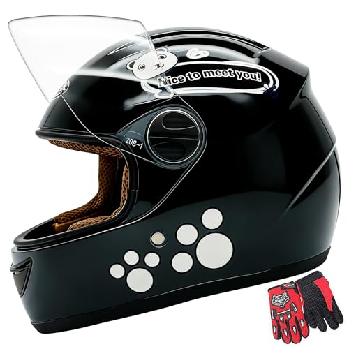 Kids Full Face Motorcycle Helmet, with Cute Panda Cartoon Design and Paw Print Graphics (Black)