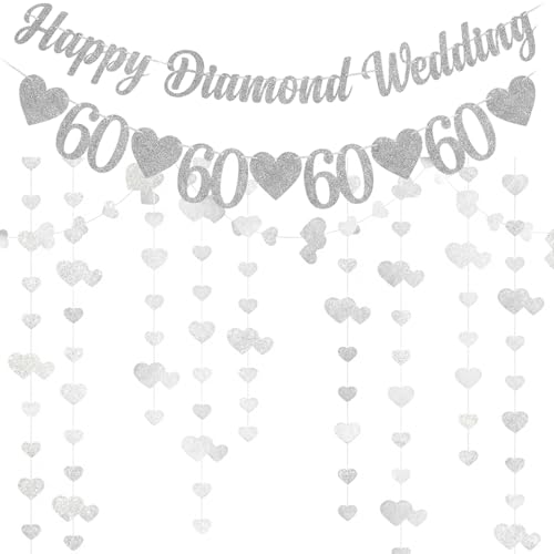 60th Wedding Anniversary Decorations Diamond Wedding Anniversary Decorations for Celebrations Diamond Anniversary Party Supplies with Letter Banner and Heart Bunting