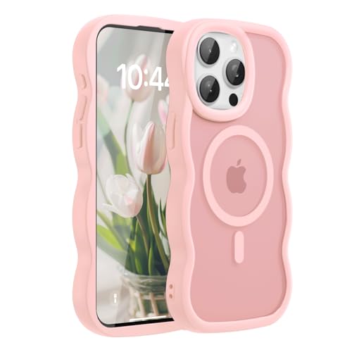Amzfield Magnetic for iPhone 13 Pro Max Case, Compatible with Magsafe Wavy Frame Cute Translucent Matte Hard Back Silicone Bumper Shockproof Phone Case for iPhone 13 Pro Max Women Girls, Pink