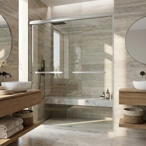Image of 44-48 inch W x 72 inch H Fully Framed Sliding Shower Door, Dual 5 /16 inch (8mm) Tempered Glass with Easy-Clean Coating, Brushed Nickel Aluminum Frame & Square Track, Bypass Space-Saver for Bathroom