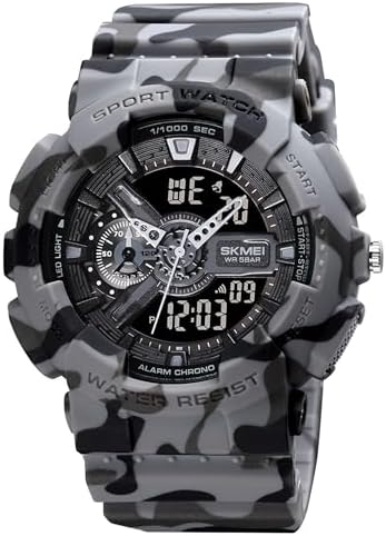 SKMEI Sport Watch with LED Screen for Men Analog-Digital Display Black Dial ABS::PU Men's PU Army Grey Camo Color Stylish Band, Water-Resistant & Scratch-Resistant-1688, Gray, Military