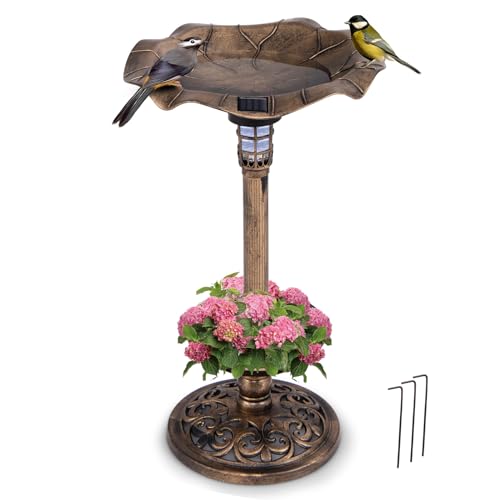 Giantex Bird Bath for Outside, 30 inch Solar Lighted Bird Bath and Feeder with Flower Planter, Lotus Leaf Water Bowl, 3 Stakes, Vintage Birdbath Outdoor Decoration for Garden Yard Lawn Patio (Bronze)