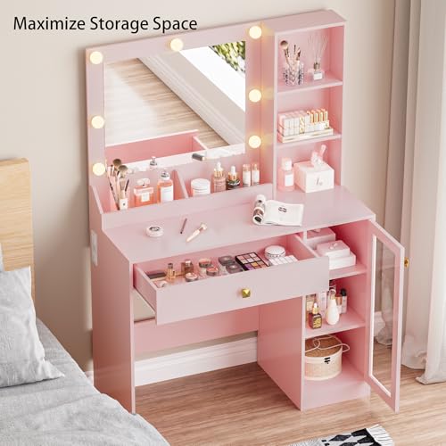Image of BORNOON Small Vanity Desk with Mirror and Lights, Makeup Vanity Desk with Adjustable Brightness 3 Light Modes, RGB Storage Cabinet, Power Outlet, Drawer, Shelves