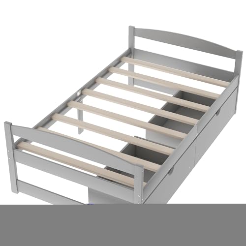 Bellemave Twin Size Kids Bed with Storage Drawers, Wood Twin Daybed with Storage, BedFrames for Kids, Adults, Gray
