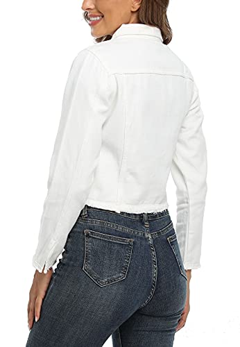 MISS MOLY Jean Jacket Women’s Frayed Washed Button Up Cropped Denim Jacket w 2 Side Pockets
