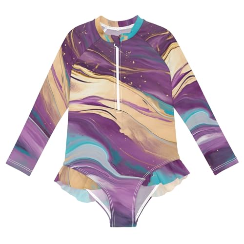 ALAZA Toddler Swimsuit Girl Bathing Suit Swimwear Rash Guard Marble Purple Gold Long Sleeve 3T